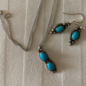 JJ Sterling Native Zuni Turquoise Ornate Pendant/Chain Necklace & Earrings set